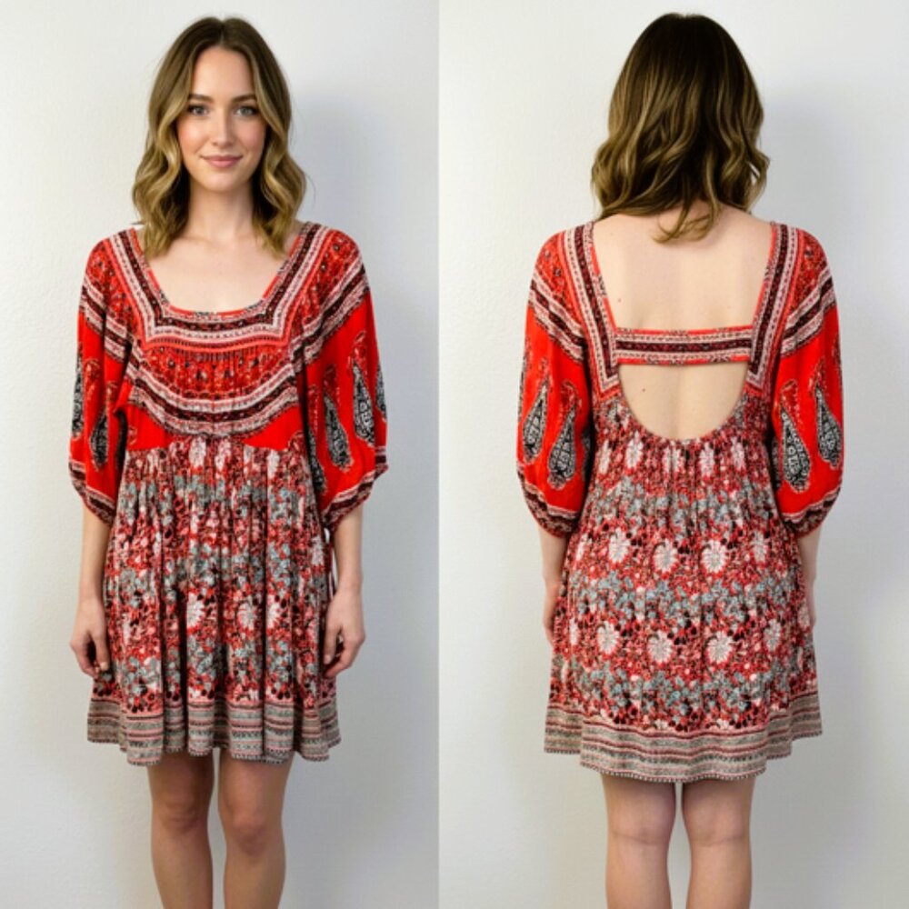 Free People Red Floral Paisley Tunic Dress - Size S - Festival Style